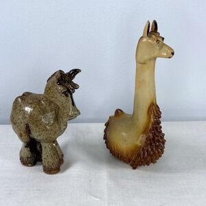 Vintage HAJ Studio Pottery Llama and Donkey Ceramic Figurine Set Folk Art Brown